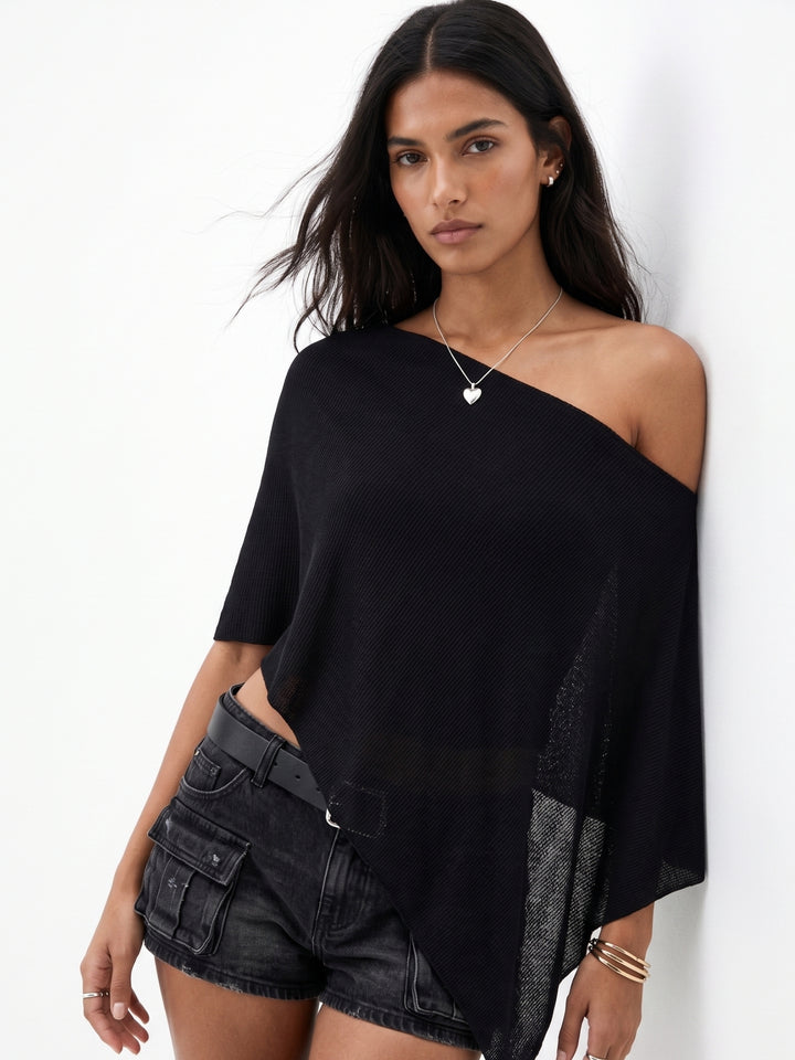 Black One Shoulder Cape Top