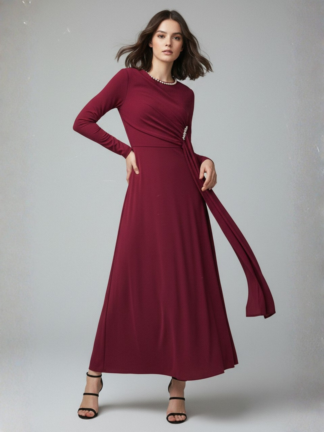 Burgundy High Neck Flared Dress With Embellishments