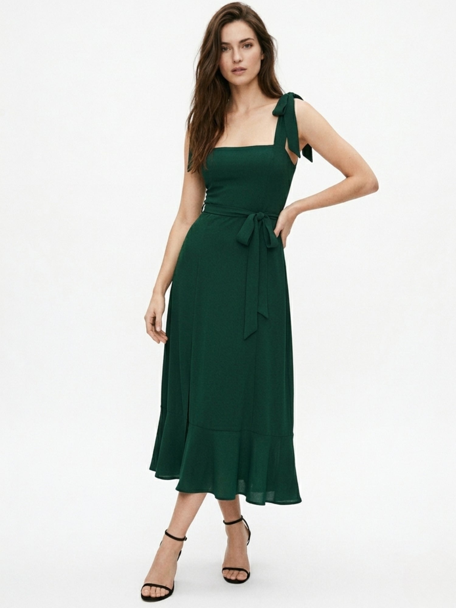 Dark Green Shoulder Tie-Up Flare Dress