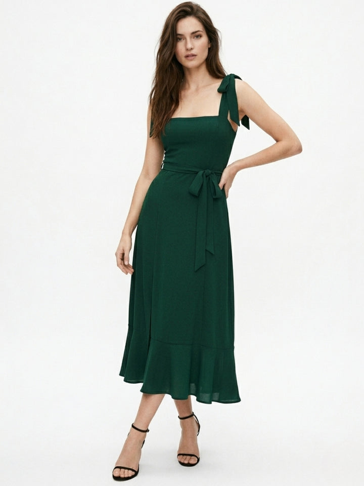 Dark Green Shoulder Tie-Up Flare Dress
