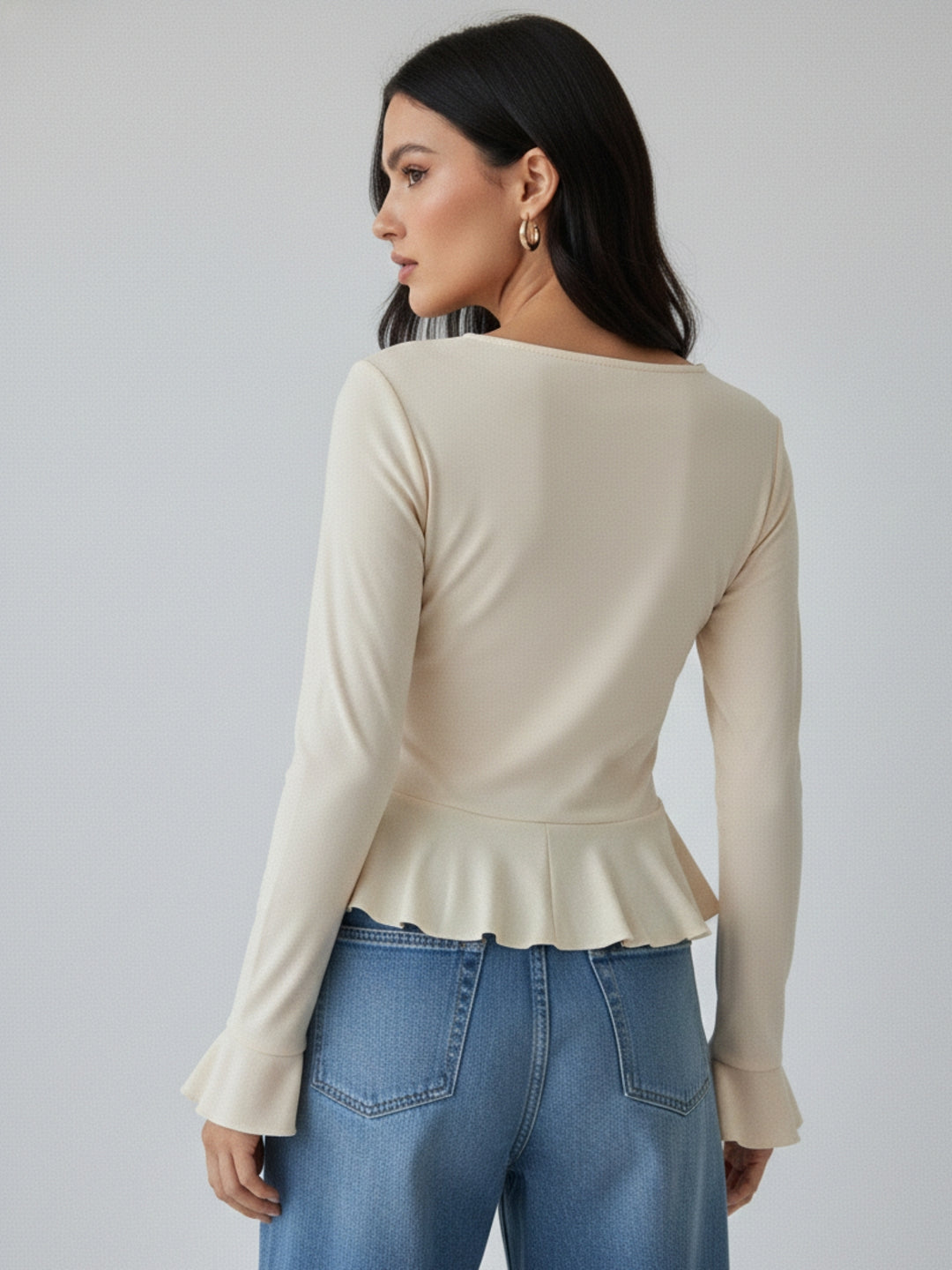 Off White Ruffle Detail Bell Sleeve Top