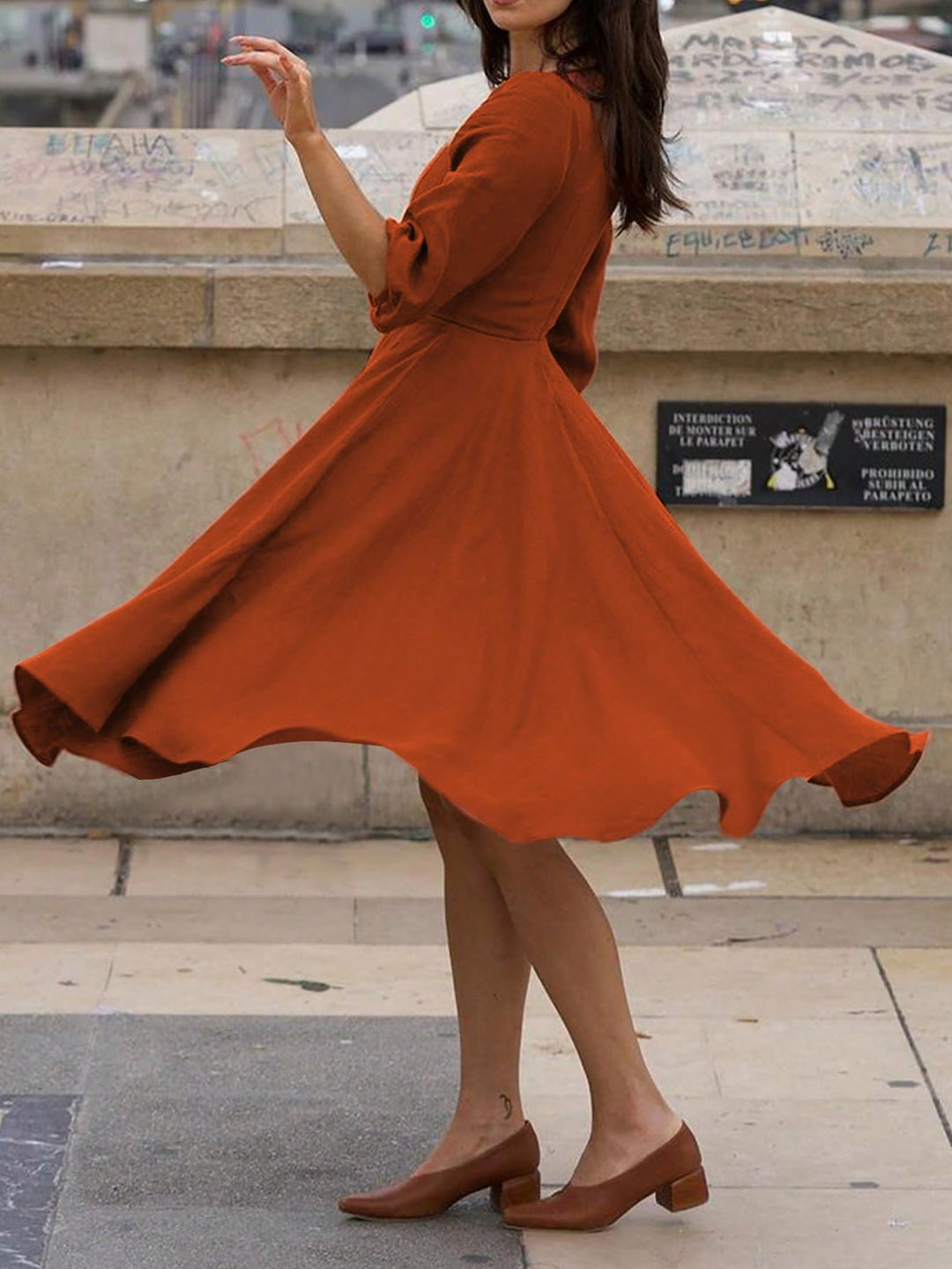 Brown Puff Sleeve Sweetheart Neck Dress