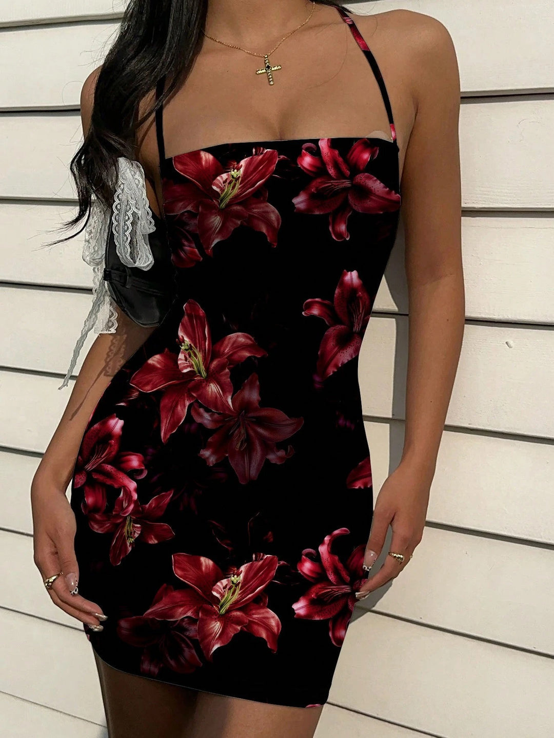 Black Floral Printed Fitted Dress