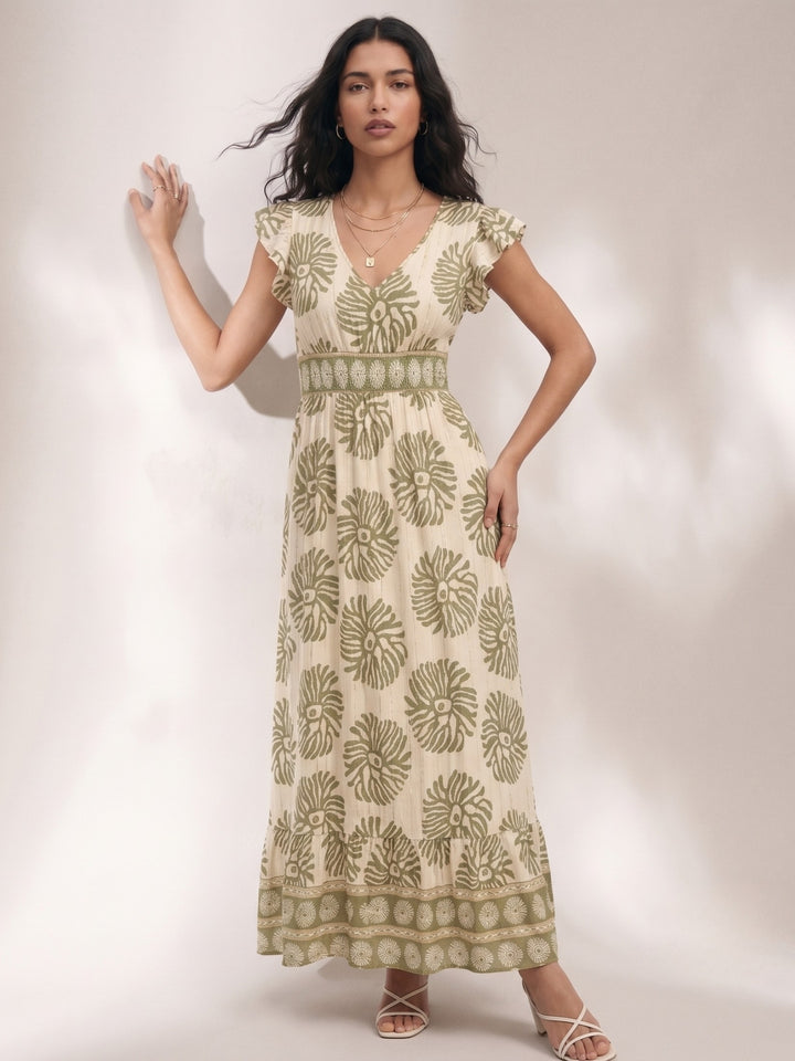 Green Printed Flutter Sleeved Dress