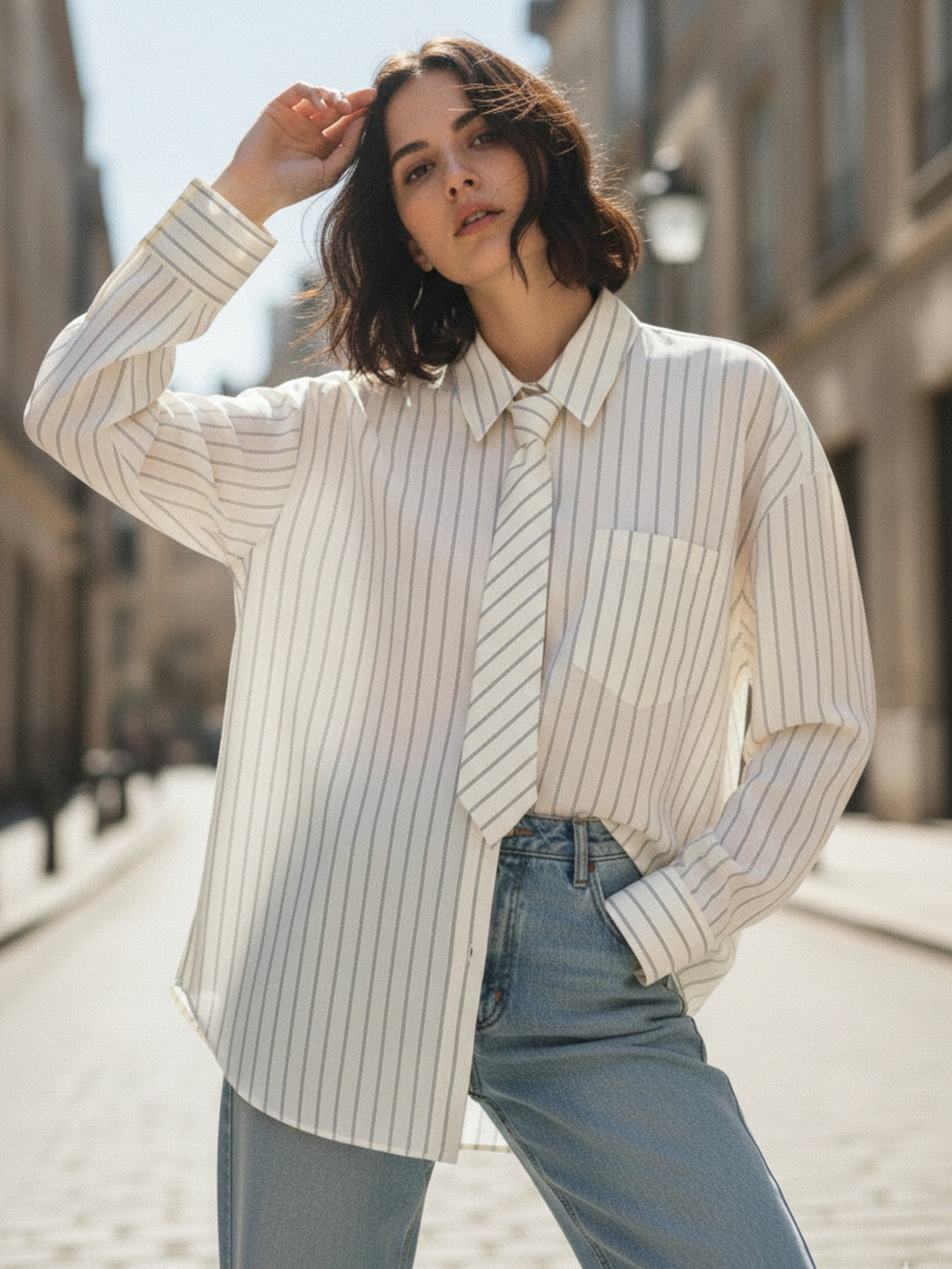 Off -White Striped Shirt With Tie