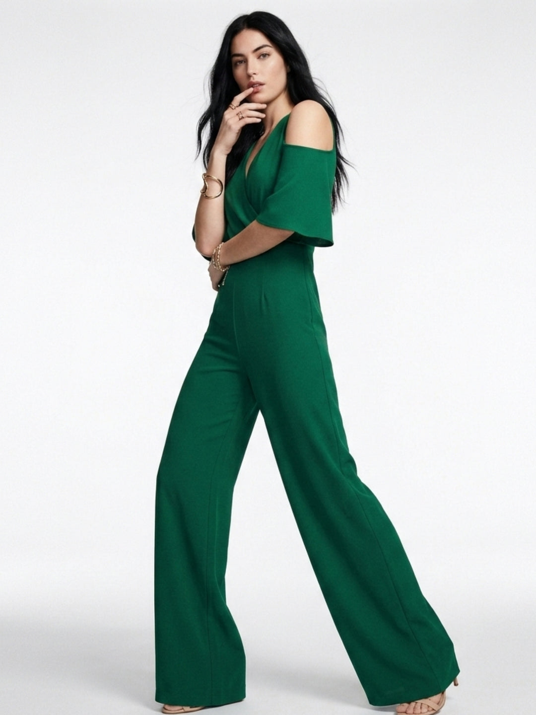 Green Cold Shoulder Plunge Neck Jumpsuit