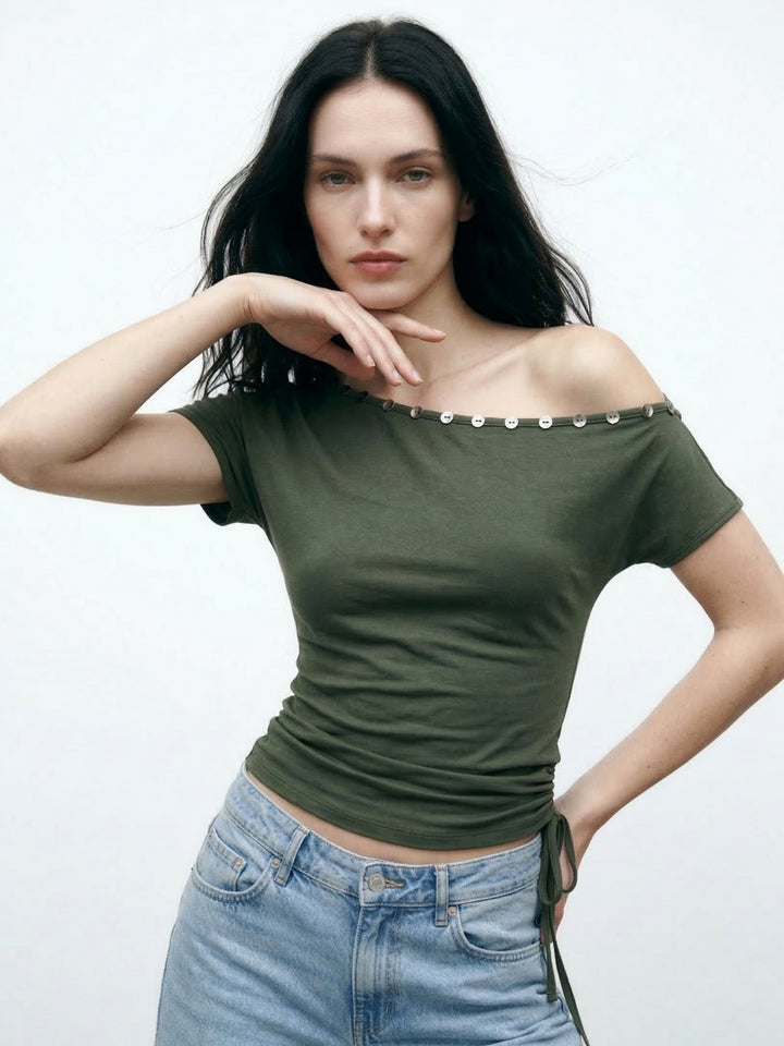 Olive One Shoulder Button Trim Top