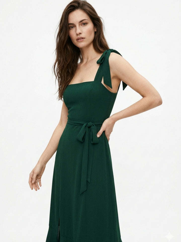Dark Green Shoulder Tie-Up Flare Dress