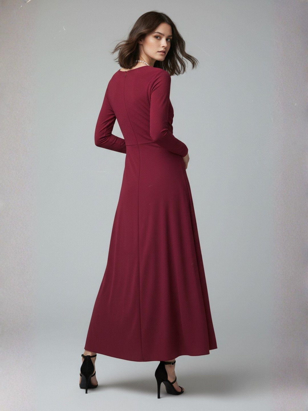 Burgundy High Neck Flared Dress With Embellishments