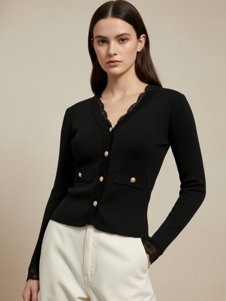 Black Full Sleeve Lace Hem Front Buttoned Top