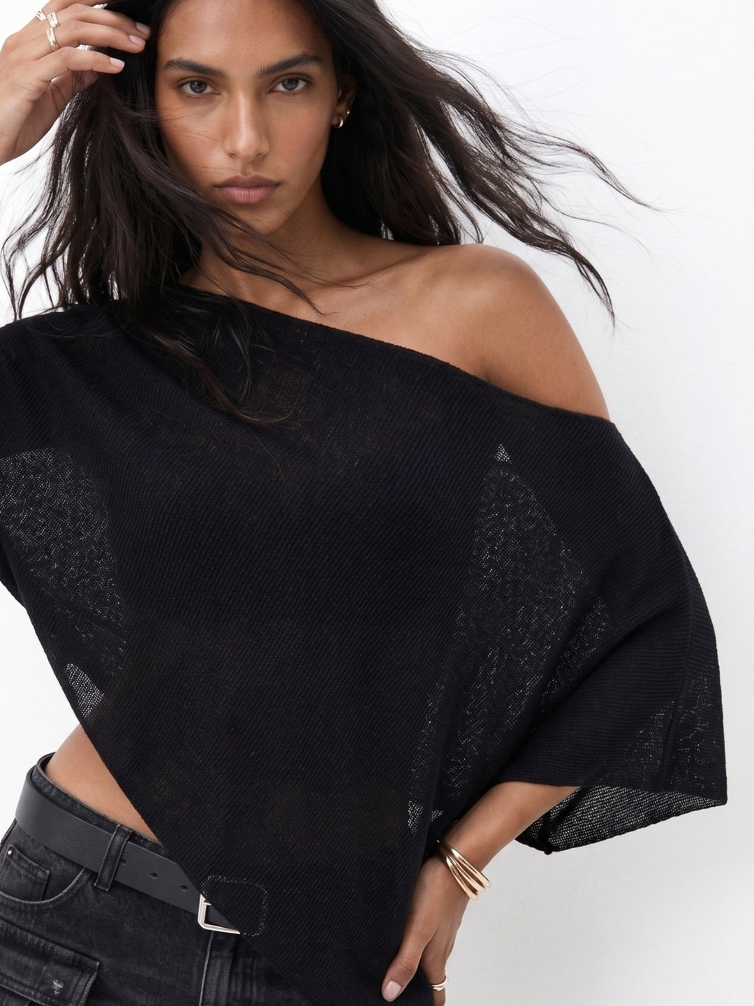 Black One Shoulder Cape Top