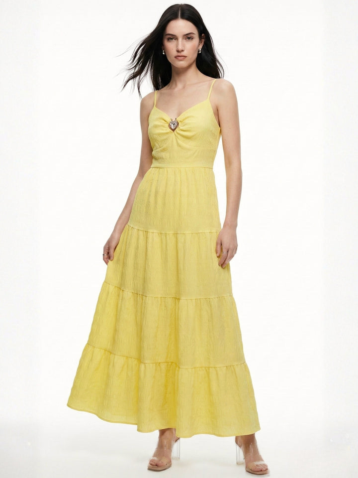 Yellow Spaghetti Strap Tiered Dress