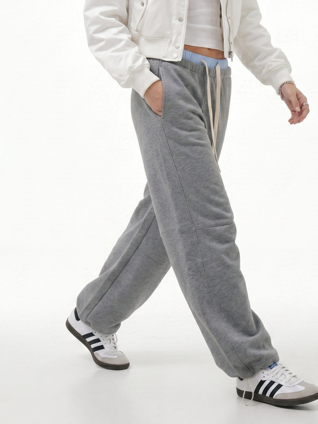 Grey Contrast Waist Wide Leg Pant