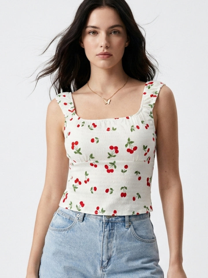 White Printed Wide Strap Top