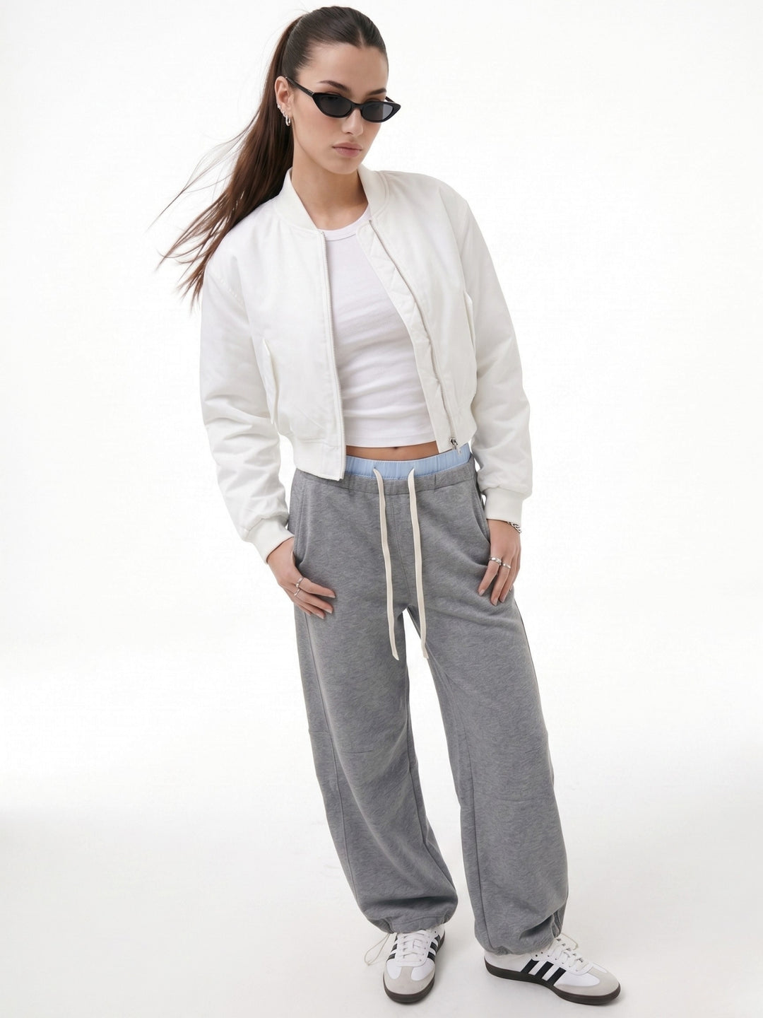 Grey Contrast Waist Wide Leg Pant