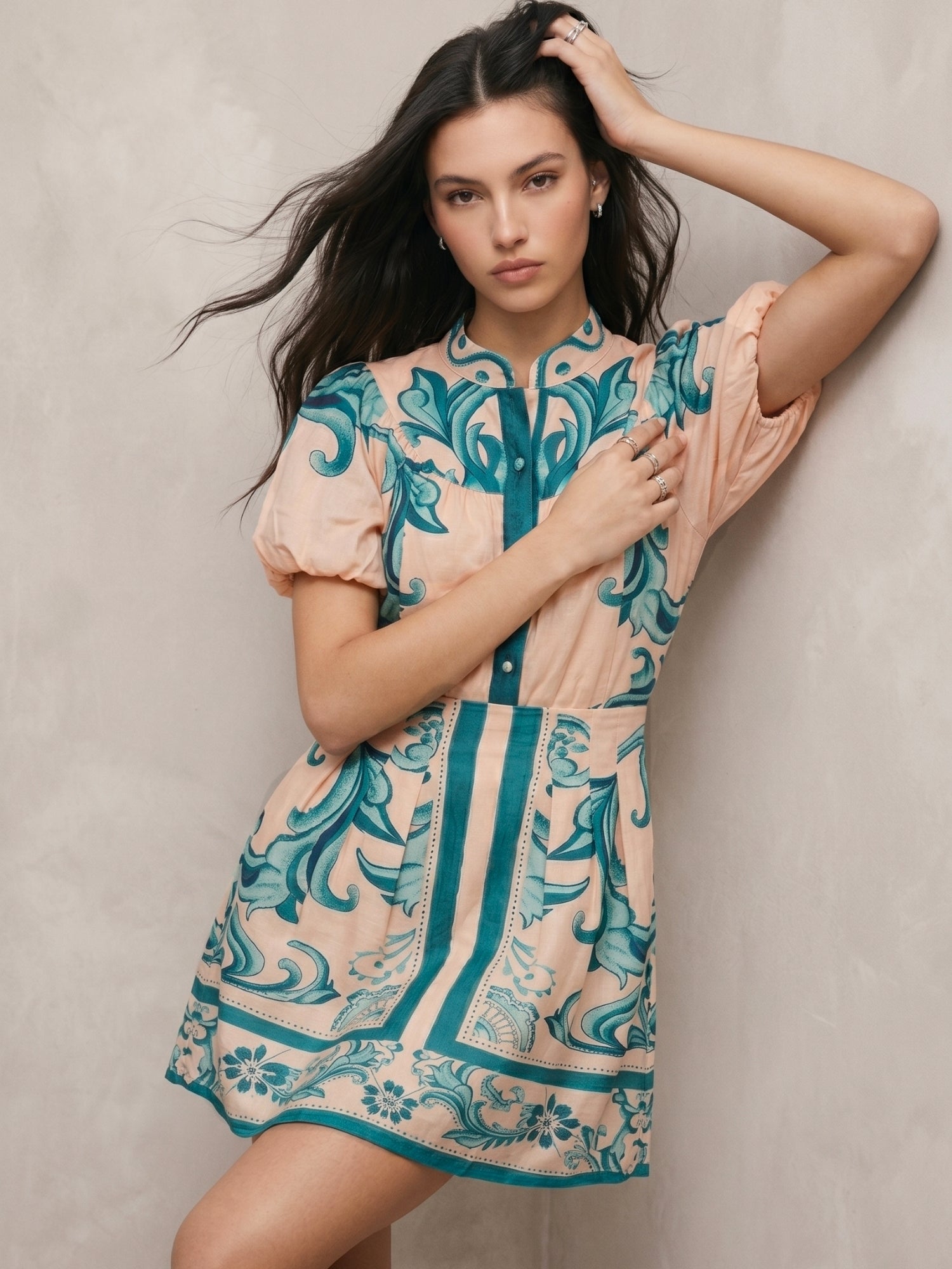 Aqua Puff Sleeve Shirt And Skirt Set