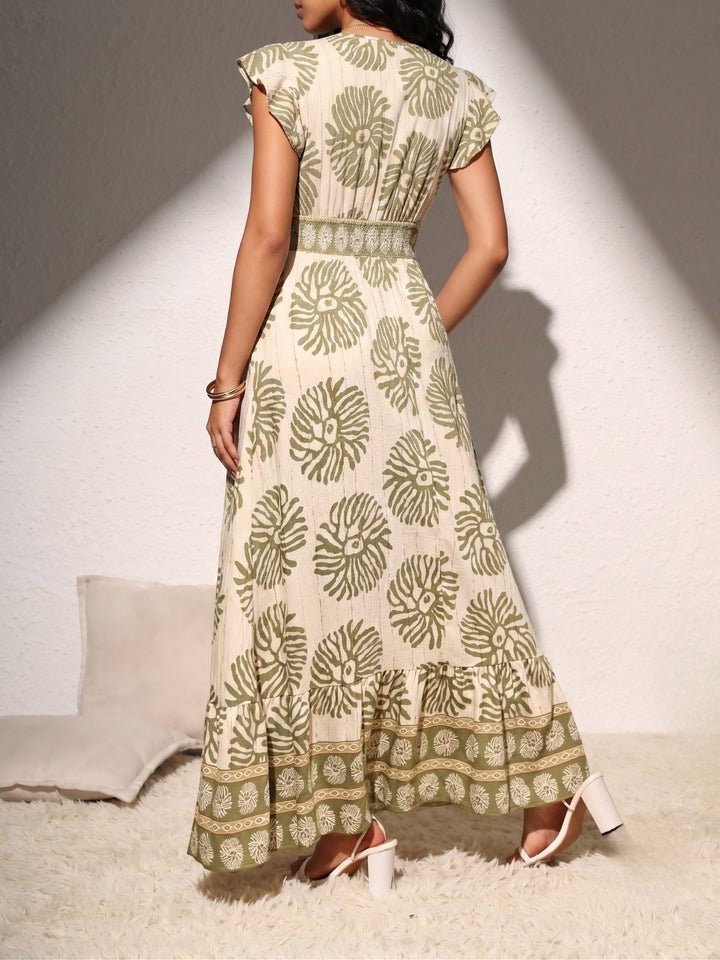Green Printed Flutter Sleeved Dress