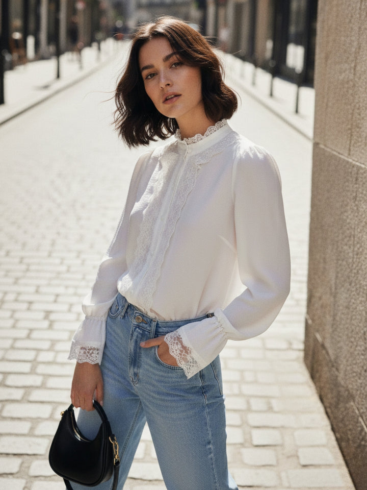 White Flared Sleeves And Ruffled Solid Top