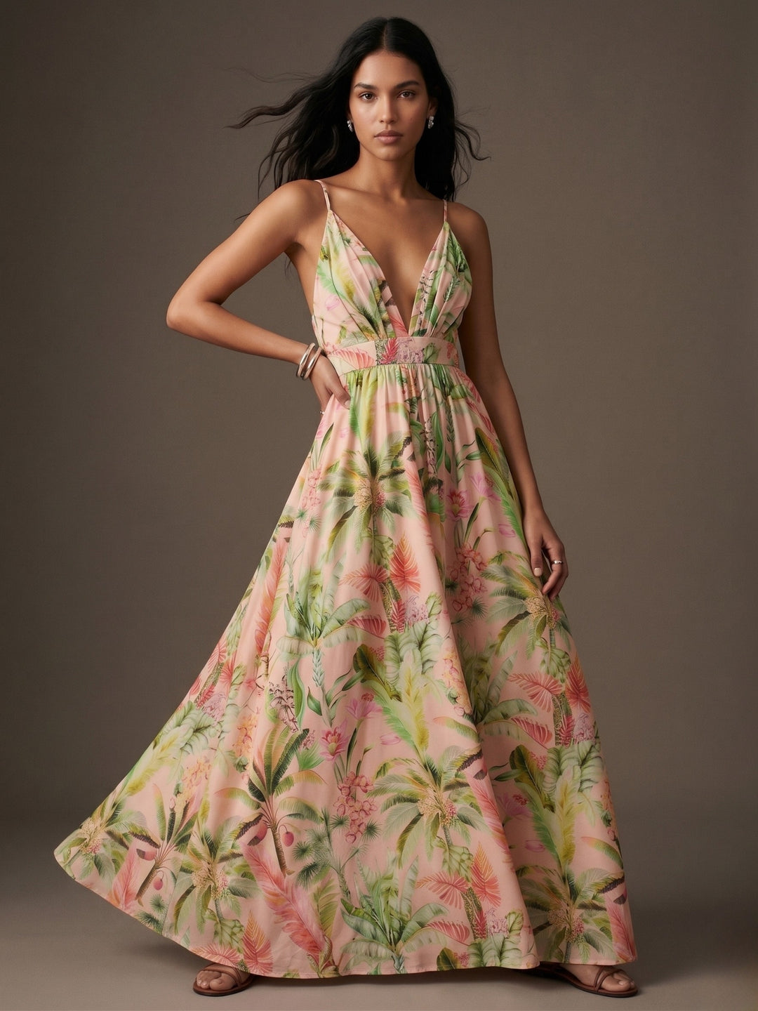Multi V Neck Floral Printed Dress