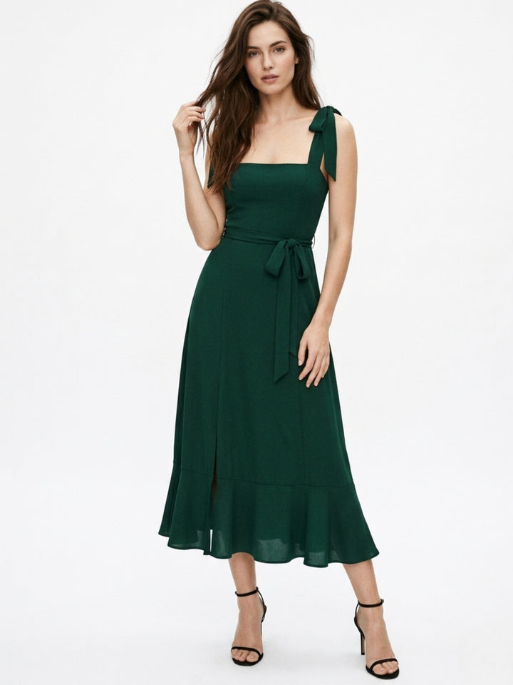 Dark Green Shoulder Tie-Up Flare Dress