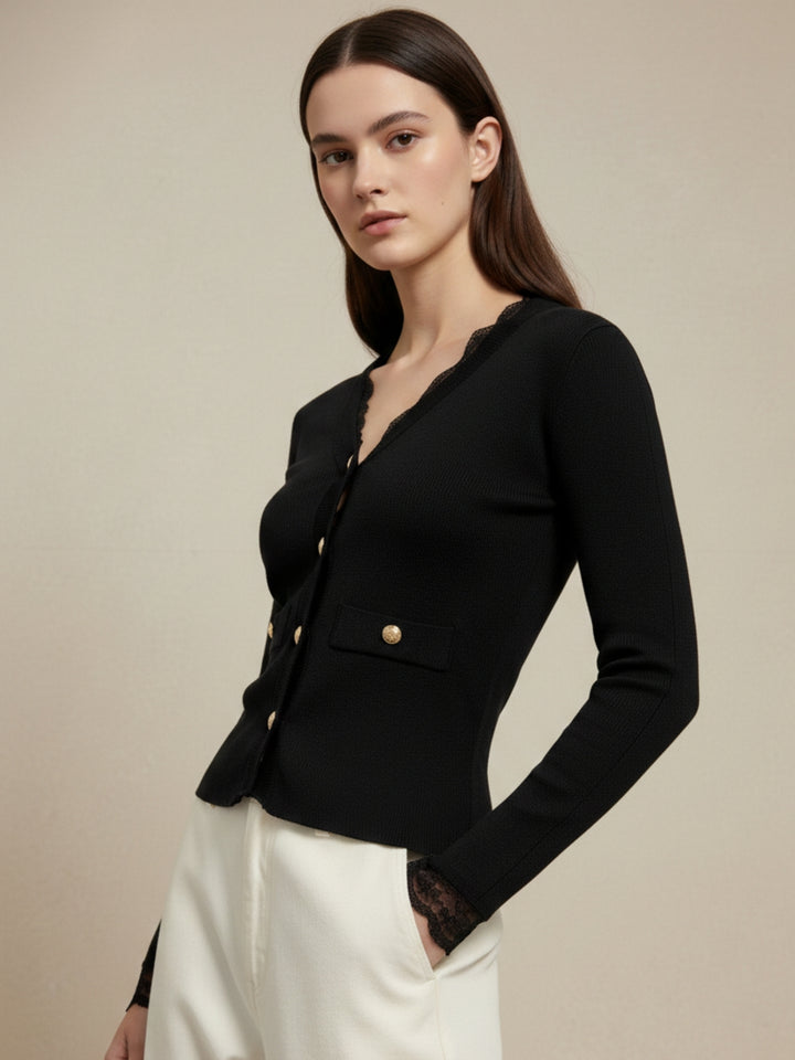 Black Full Sleeve Lace Hem Front Buttoned Top