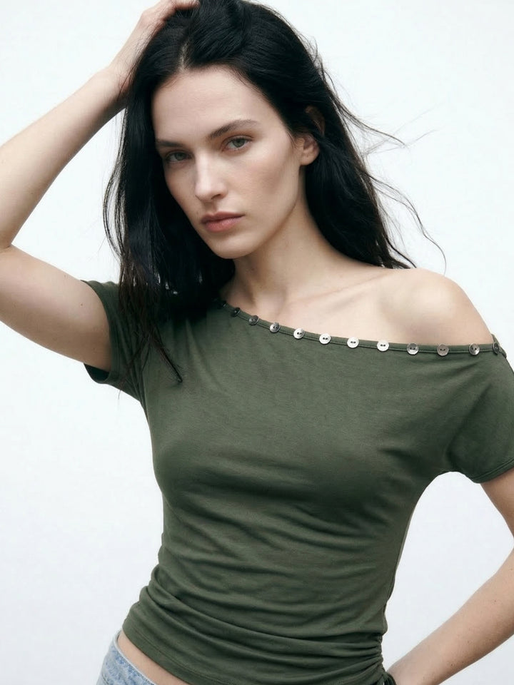 Olive One Shoulder Button Trim Top