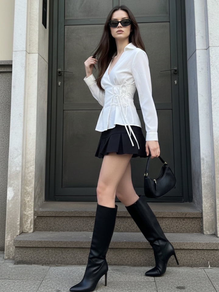 White Collared Side Tie Up Top
