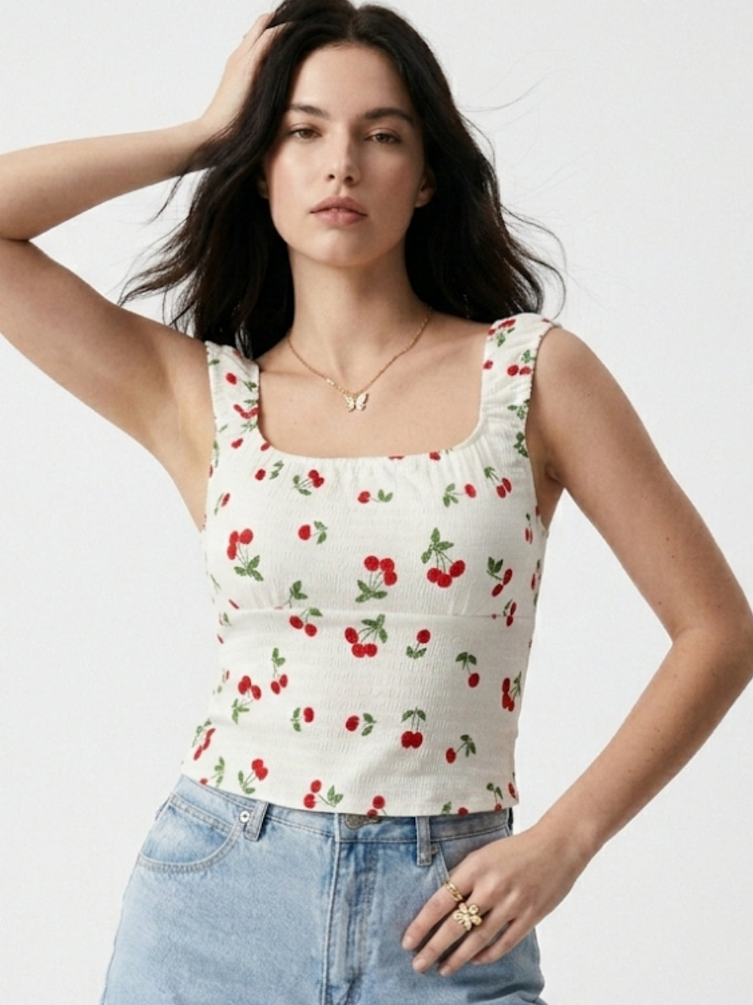 White Printed Wide Strap Top