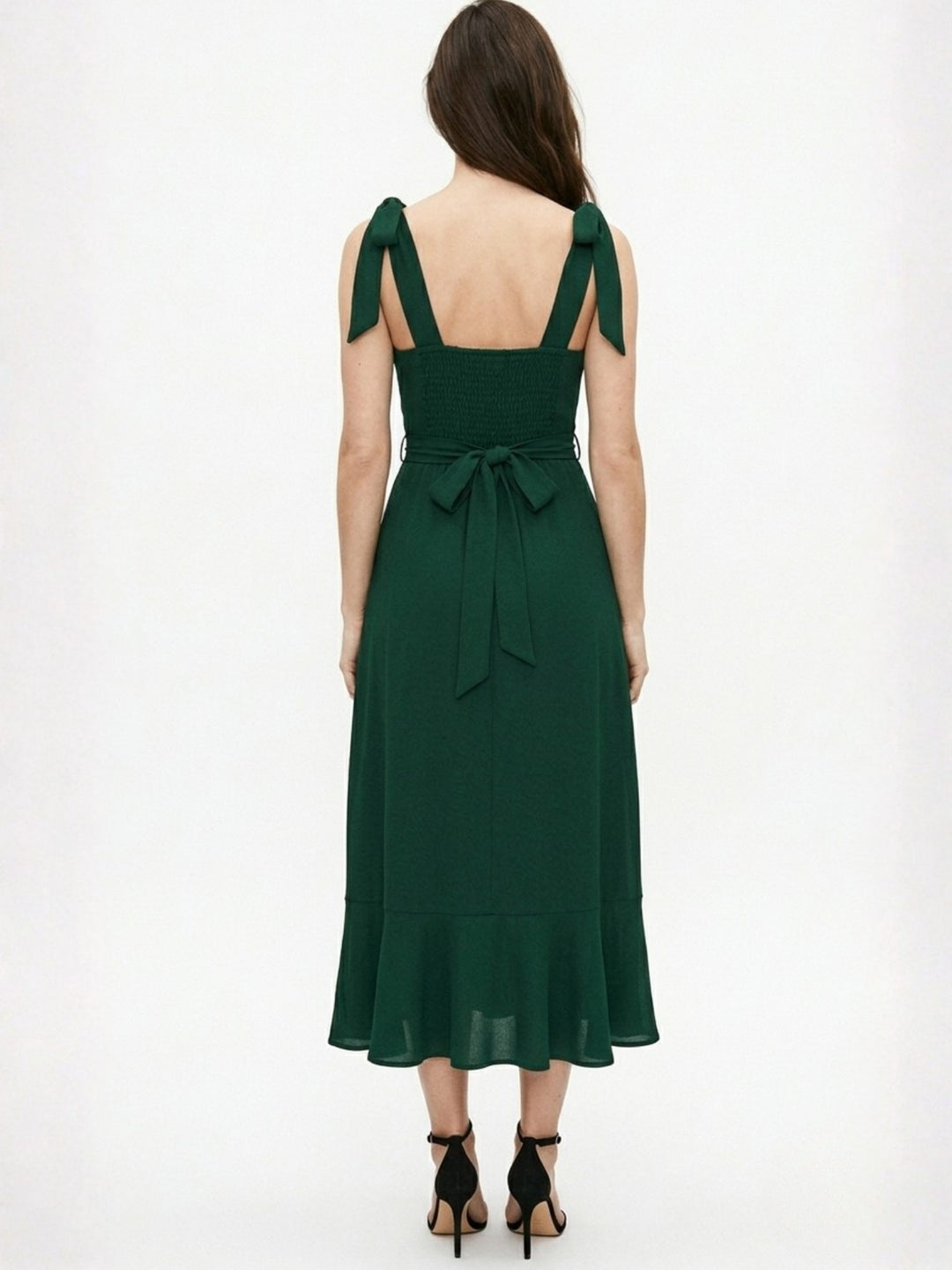 Dark Green Shoulder Tie-Up Flare Dress