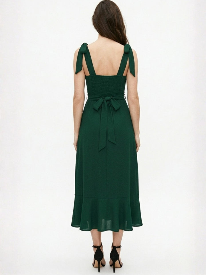 Dark Green Shoulder Tie-Up Flare Dress