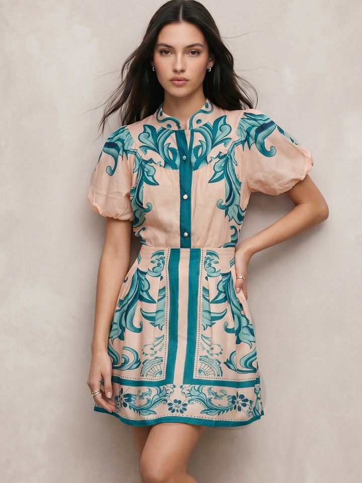 Aqua Puff Sleeve Shirt And Skirt Set