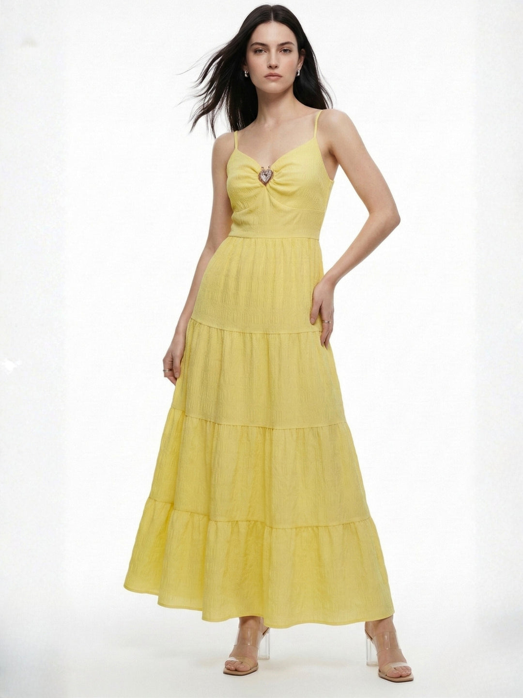 Yellow Spaghetti Strap Tiered Dress