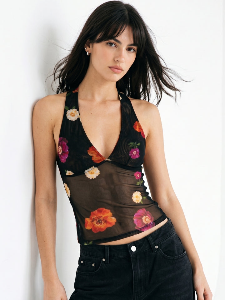 Black Halter Neck  Floral Printed Top