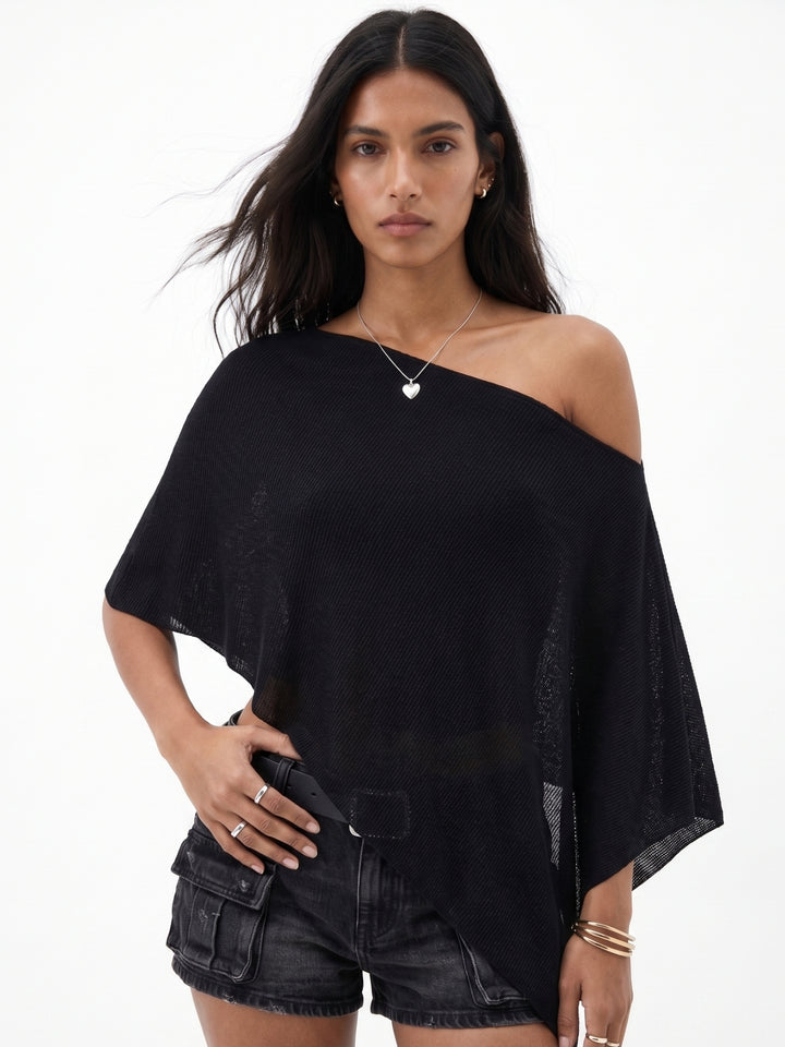 Black One Shoulder Cape Top