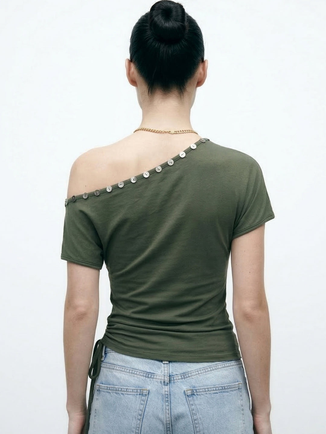 Olive One Shoulder Button Trim Top