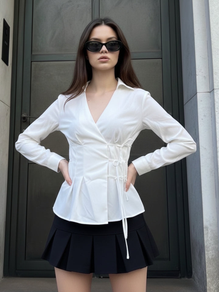 White Collared Side Tie Up Top