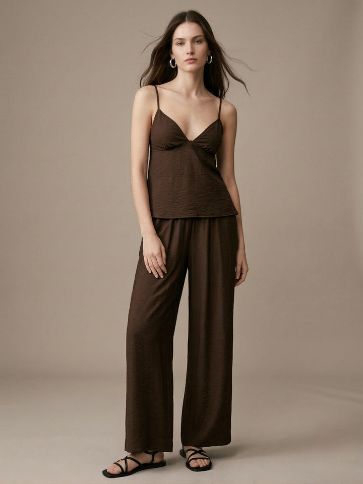 Brown Spaghetti Strap Top And Pant Set