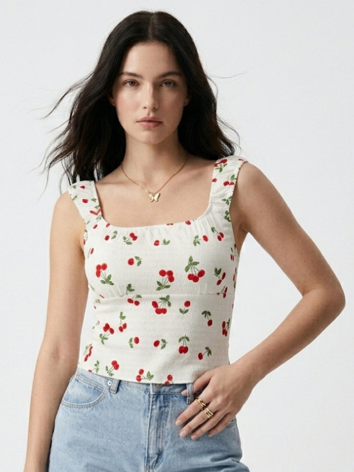 White Printed Wide Strap Top