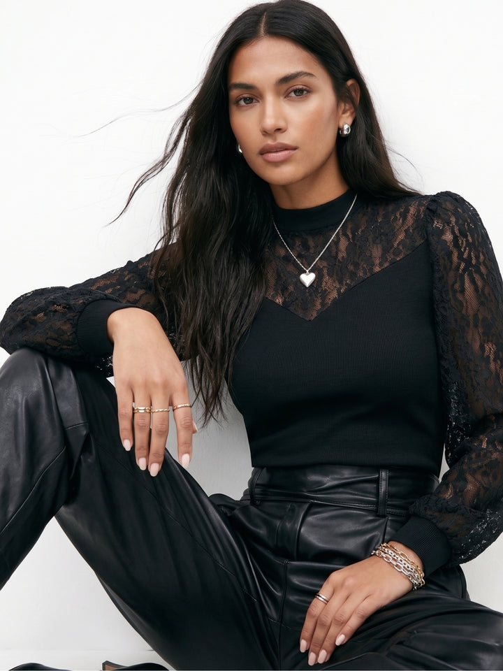 Black Lace Mock Neck Top