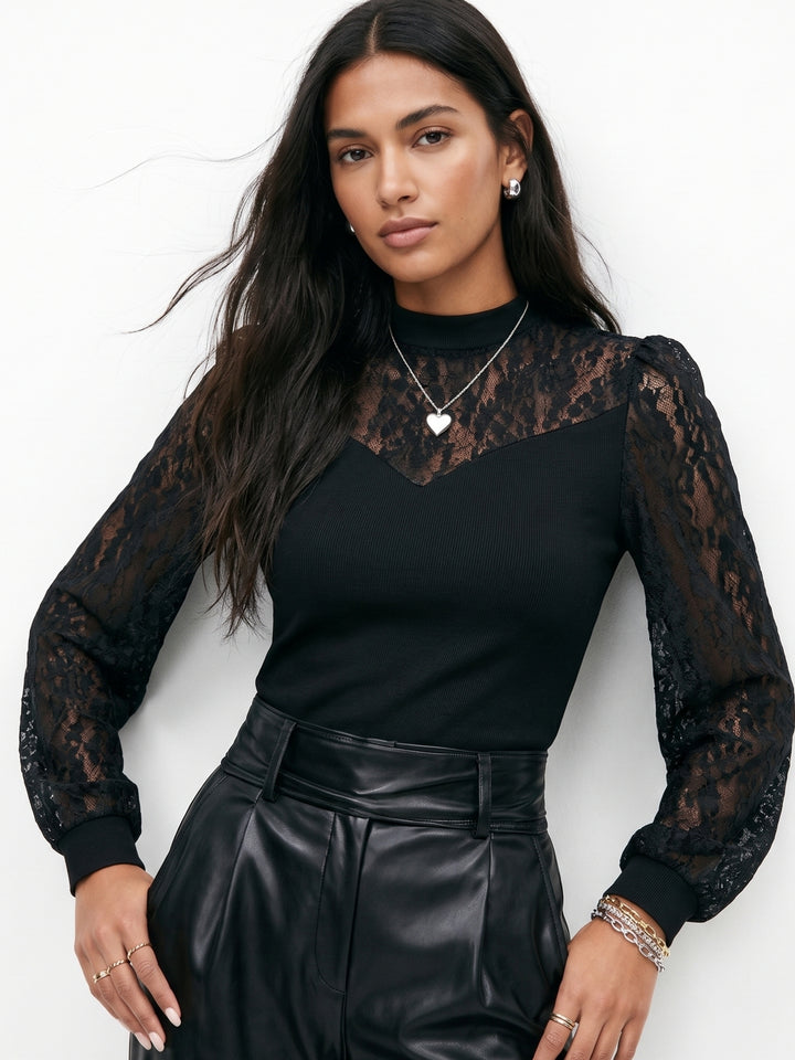 Black Lace Mock Neck Top