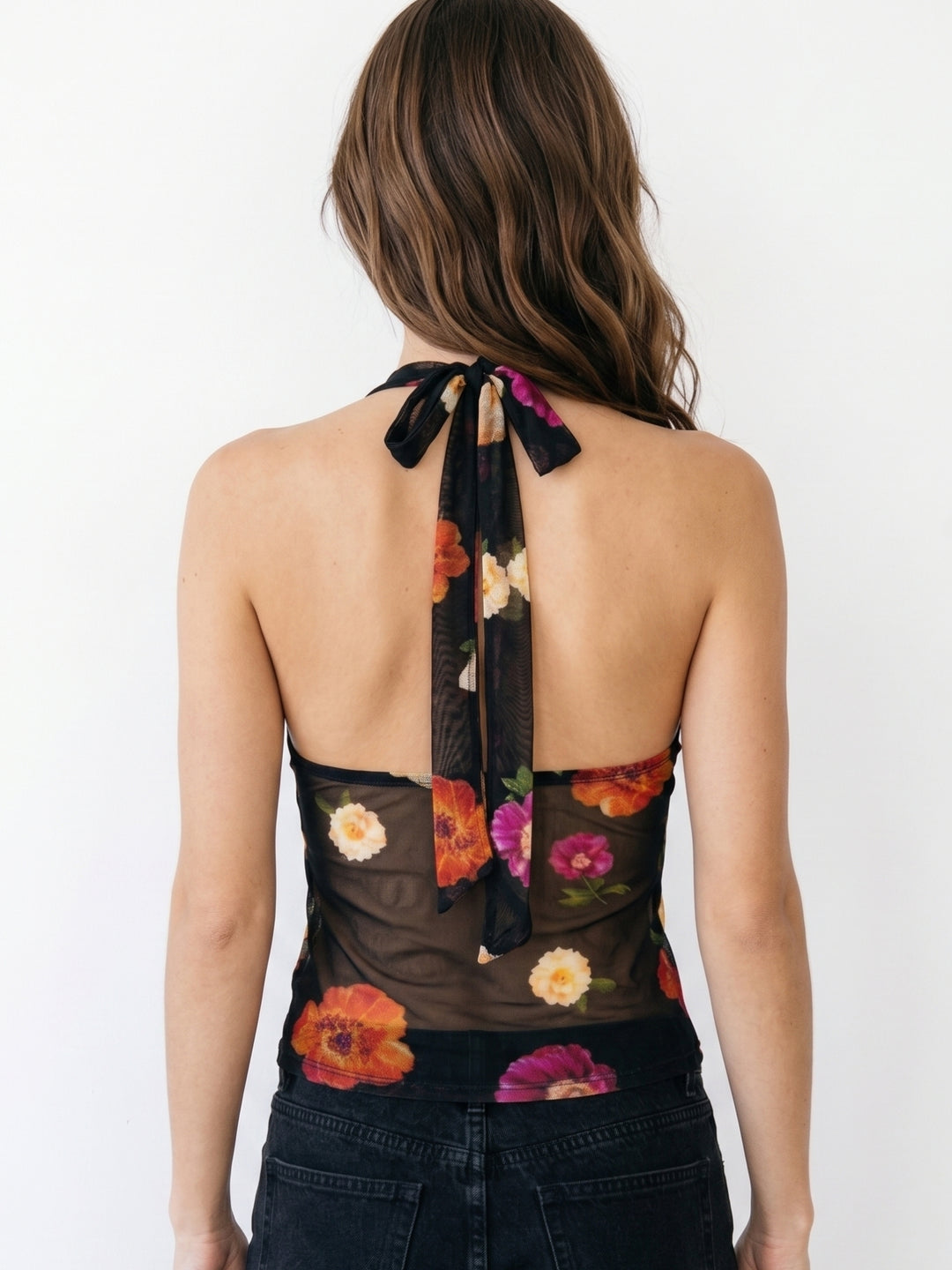 Black Halter Neck  Floral Printed Top