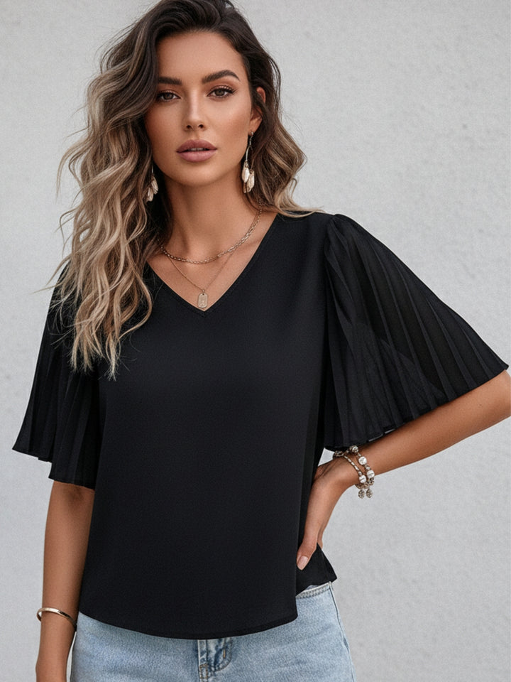 Black Flared Sleeve V Neck Top