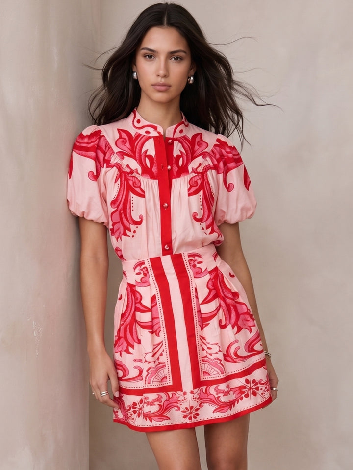 Pink Puff Sleeve Shirt And Skirt Set
