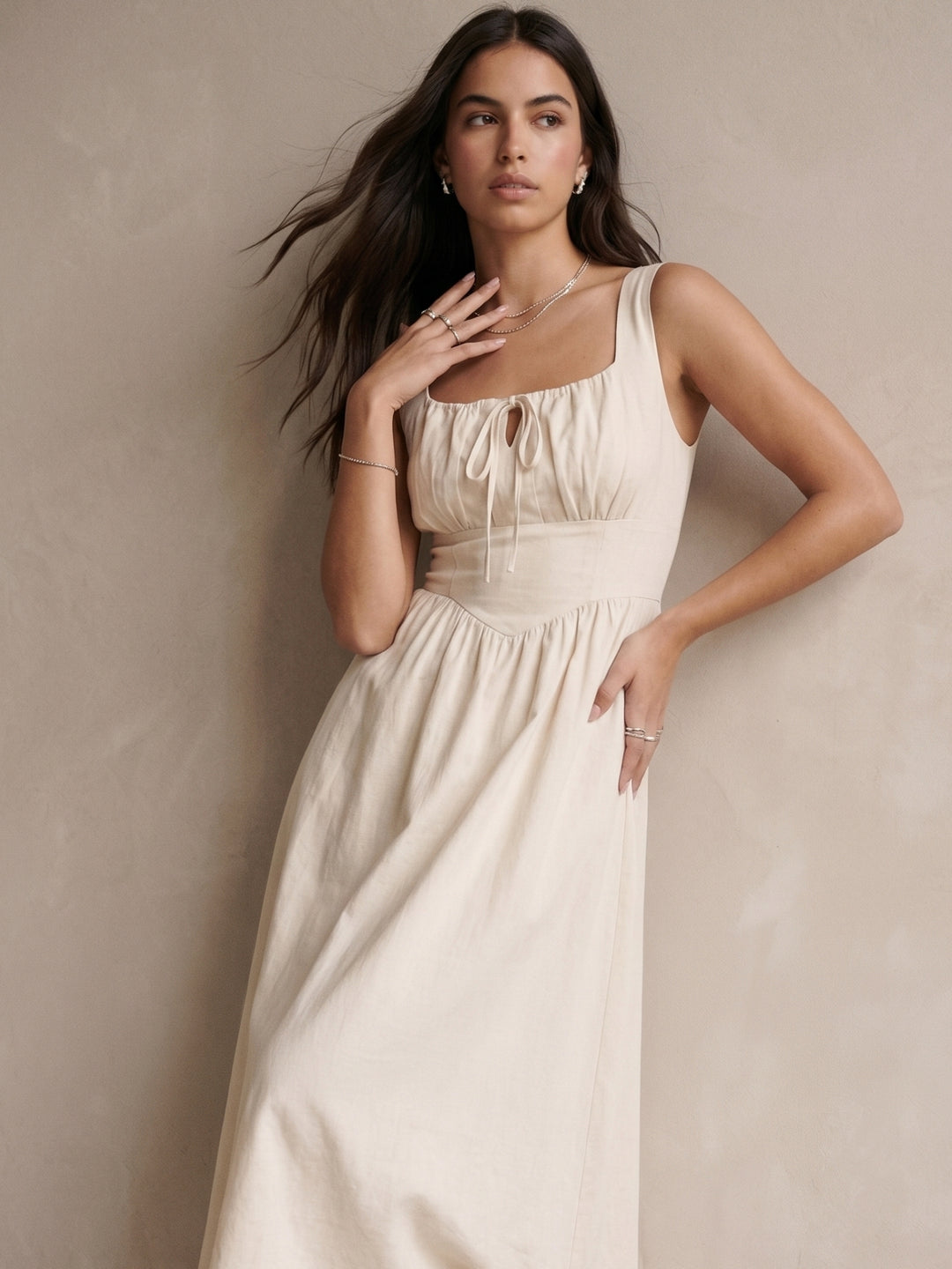 Off White Shoulder Strap Corset Detail Dress