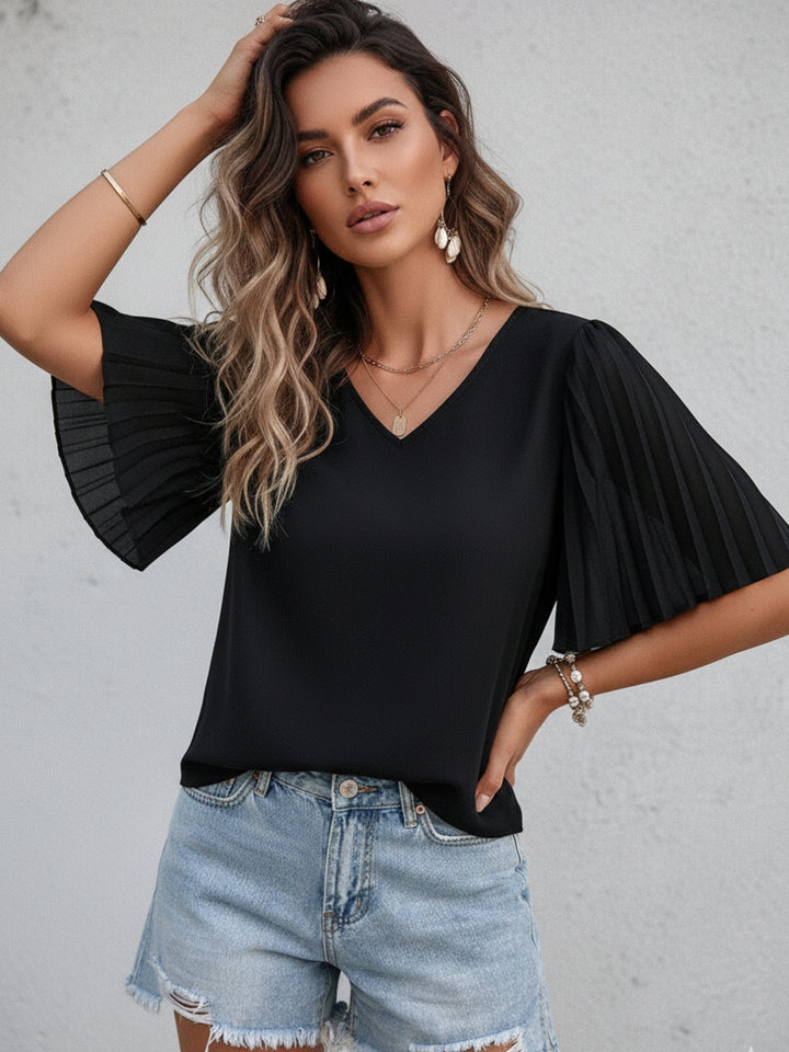 Black Flared Sleeve V Neck Top