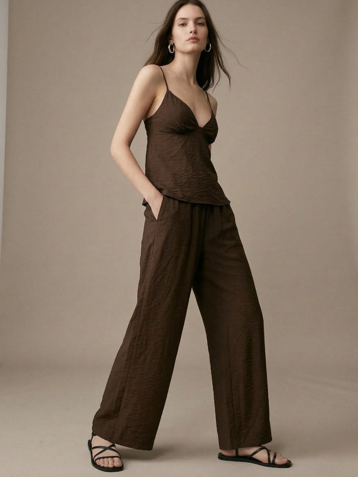 Brown Spaghetti Strap Top And Pant Set