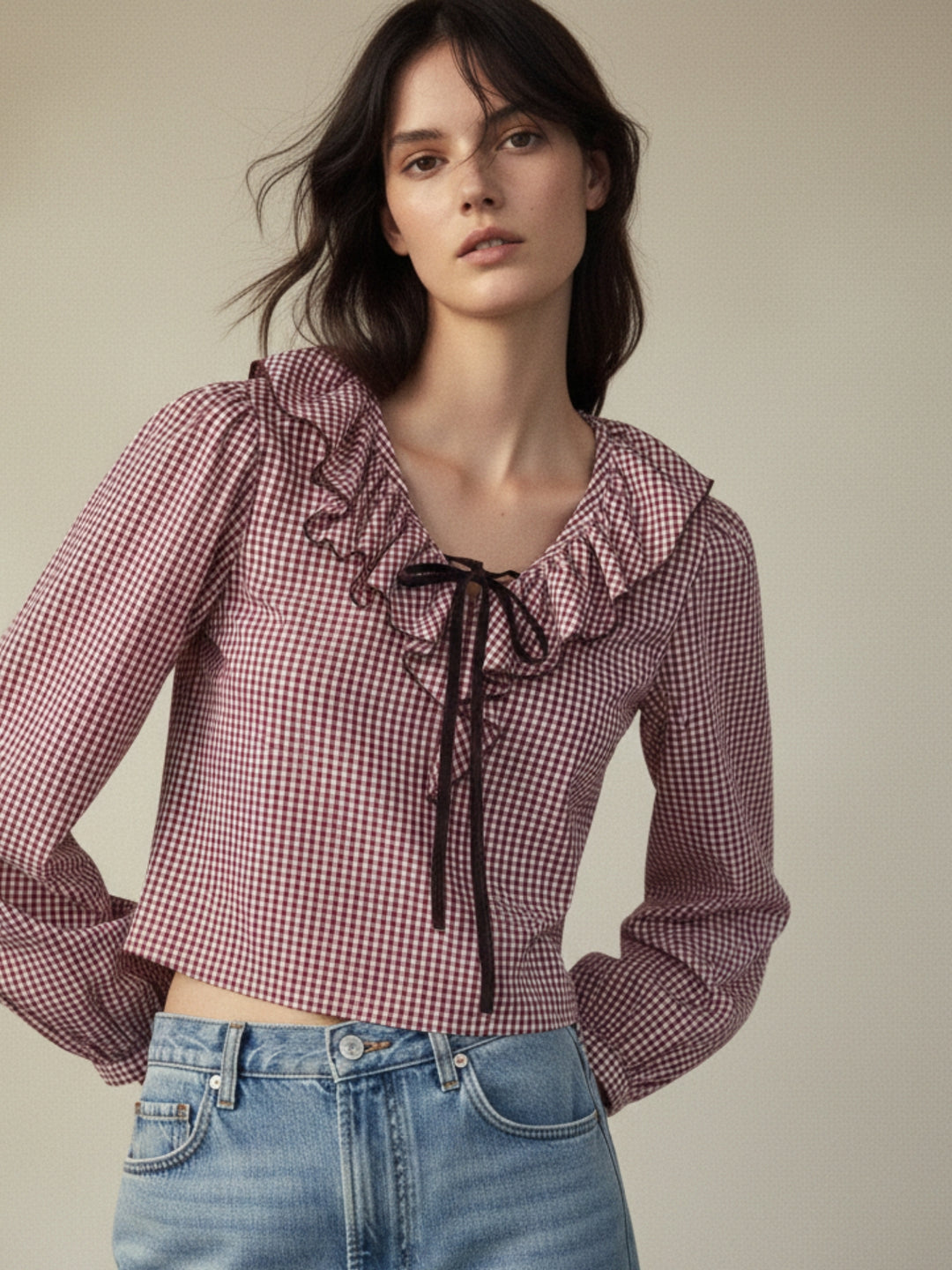 Pink Ruffle Neckline Checkered Top