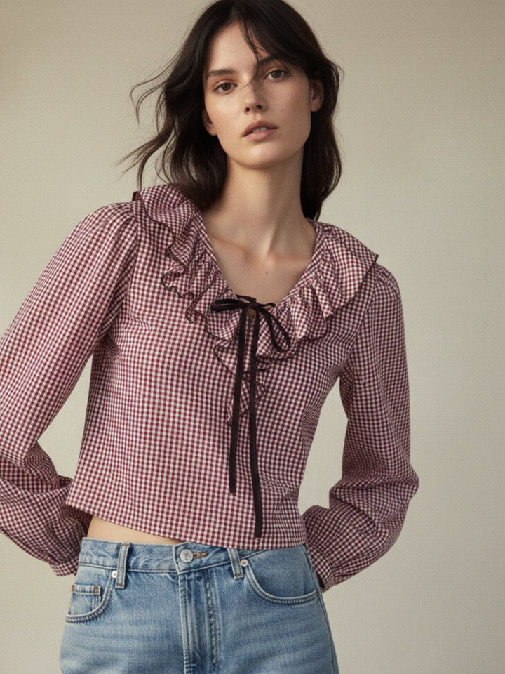 Pink Ruffle Neckline Checkered Top