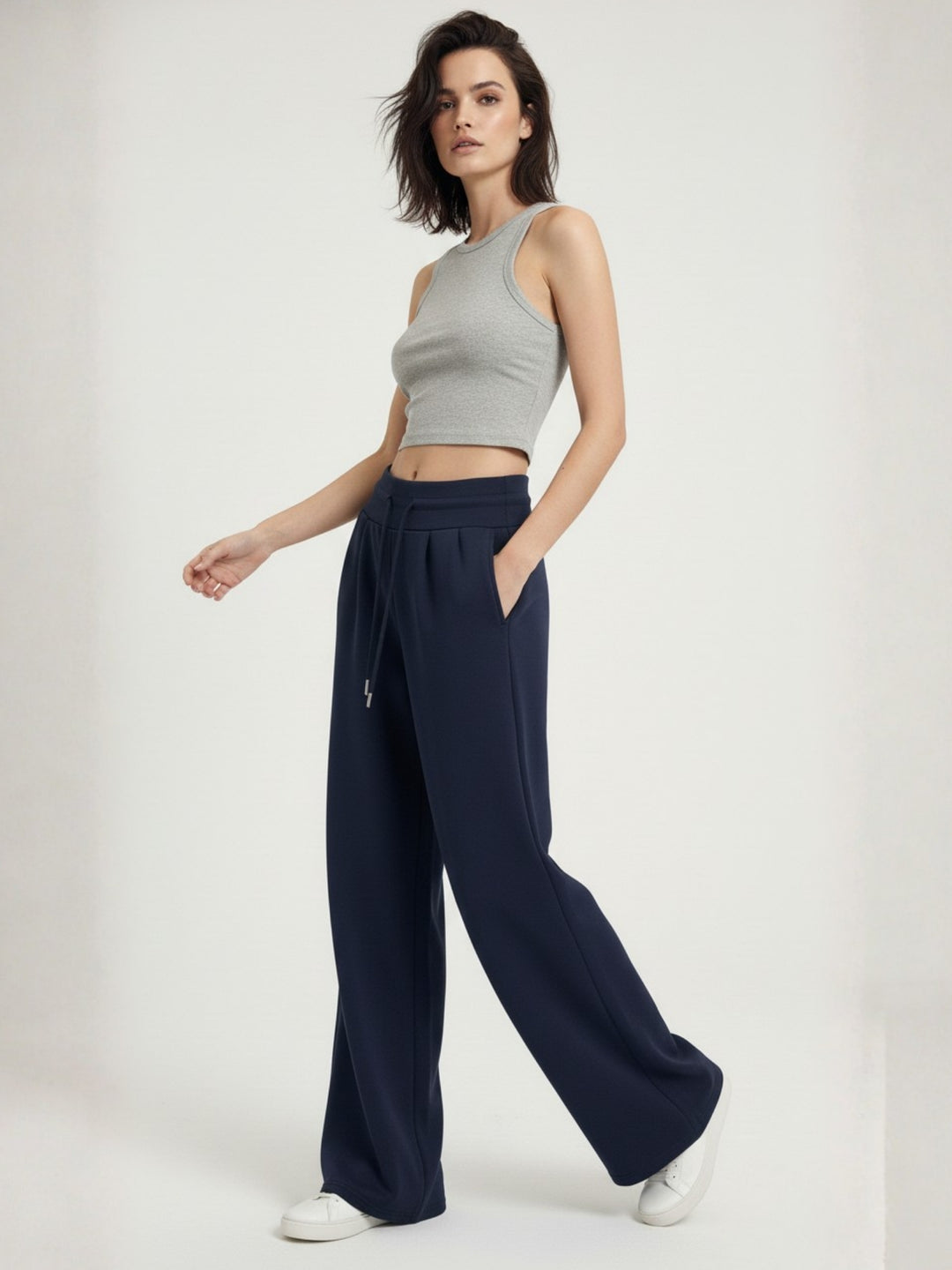 Navy Blue High Waist Barrel Style Double Pleated Sweatpant
