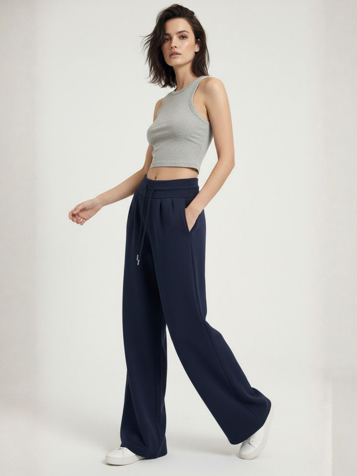 Navy Blue High Waist Barrel Style Double Pleated Sweatpant